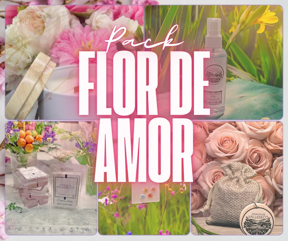 Pack Flor de Amor, selección de aromas florales románticos y delicados para el hogar - Esencias de Valleseco.