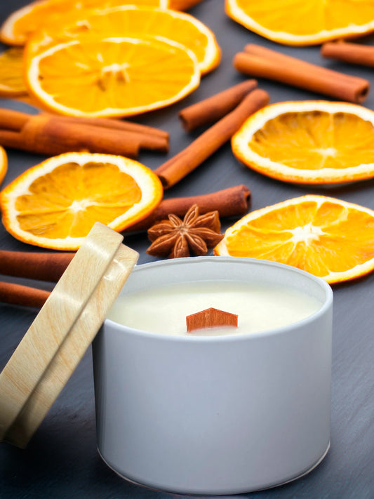 Vela Alma Canela y Naranja, aroma cálido y cítrico con notas de canela y naranja - Esencias de Valleseco.